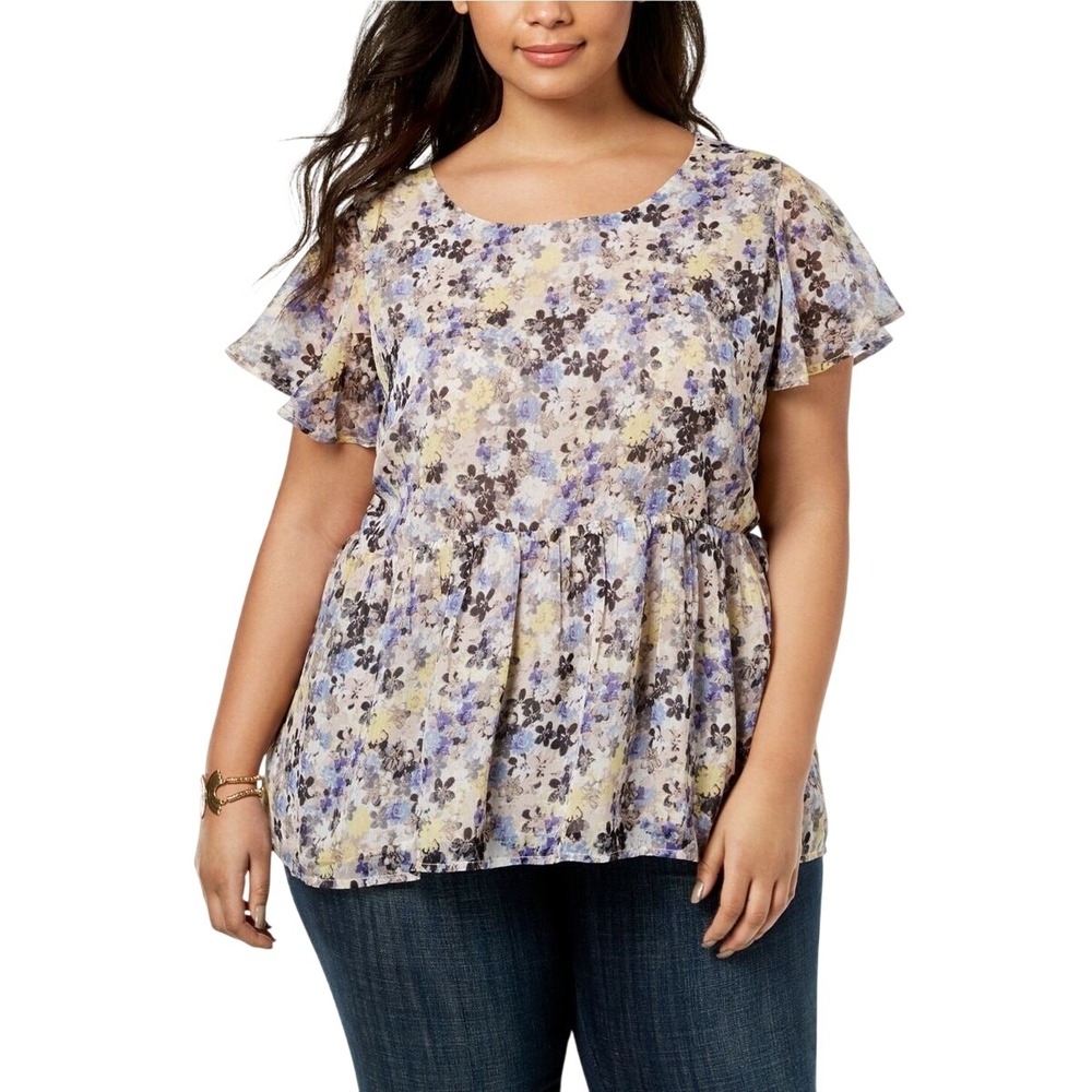 Lucky Brand Floral Chiffon Ruffle Short Sleeve Peplum Top 3X Feminine Spring
